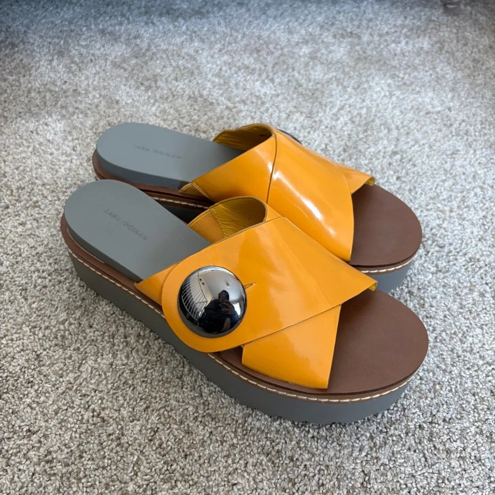 Zara Y2K 90s Platform Slip On Sandal Mules Mustard Yellow Size 38 - Picture 11 of 11